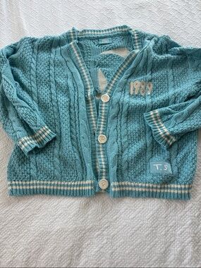Taylor Swift Turquoise Knit Sweater with Cream Trim
